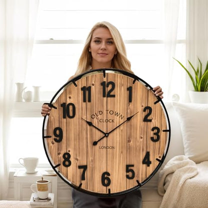 EMAX HOME Large Old Town Farmhouse Wall Clock 30 Inches Rustic Antique Wood with Metal Circle and Large Numerals Silent Battery Operated Wall Clock for Office Kitchen Bedroom Living Room - color: Brown, size: 30 Inch