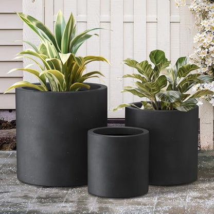 Kante Set of 3 Black Concrete Cylinder Planters 15.8" 12.9" 9.8" Dia - color: Black, size: 9.8",12.6",15.7" Dia