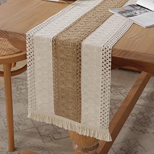 Boho Burlap Macrame Table Runner, Farmhouse Style Cotton Linen Rustic Woven Table Runner with Tassels for Dining, Wedding, Bridal Shower, Bohemian (12x72 inch, Coffee Stripe) - color: Coffee Stripe, size: 12x72 inch