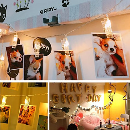 Decute 50LED Photo Clips String Lights Holder Timer Function 8 Modes Dimmable with Remote, 17FT Fairy Starry Lights for Christmas Card Bedroom Wedding Party Hanging Photos Pictures Memos, Warm White - color: Warm White 02