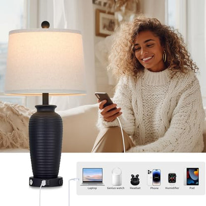 CINSARY 25" Retro Black Farmhouse Jar Table Lamps Set of 2, 3 Way Touch Control Rustic Bedside Lamps with USB A+C Ports & AC Outlet, Pot Nightstand Lamps for Bedroom Living Room (LED Bulbs Included) - color: Retro Black