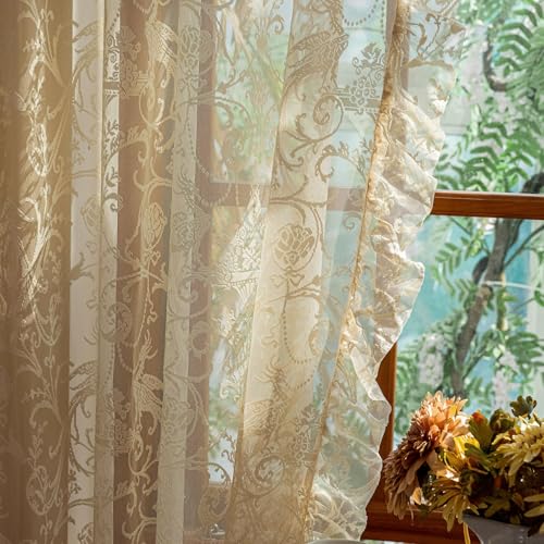 TUDECO Beige Lace Sheer Curtains 72 Inches Long, Ruffle Edges, 2 Panels - color: Beige, size: 59"W x 72"L (Pack of 2)