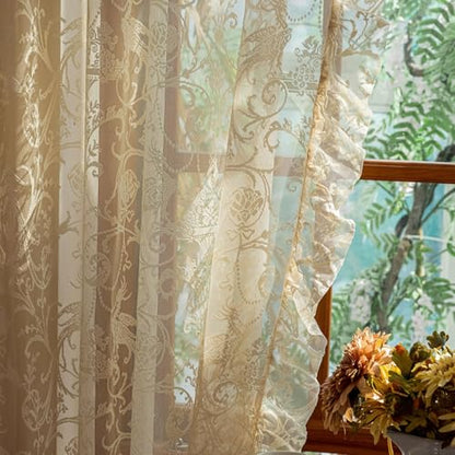 TUDECO Beige Lace Sheer Curtains 72 Inches Long, Ruffle Edges, 2 Panels - color: Beige, size: 59"W x 72"L (Pack of 2)