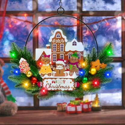 Pre-Lit Christmas Wreath for Front Door, Gingerbread with 6H On/18H Off - color: Gingerbread-multicolor