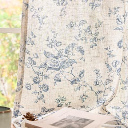 jinchan Custom Size Curtain Blue Floral Linen Curtain Back Tab 1 Panel - color: Amlie Blue, size: Custom