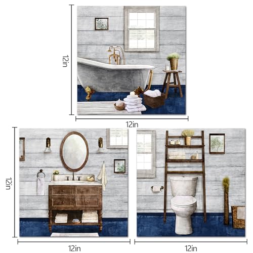 Visual Art Decor Bathroom wall Art Farmhouse Bathroom Decor Painting, Framed Canvas Wall Art 12x12inchx3Pieces (Classic Blue) - color: Classic Blue