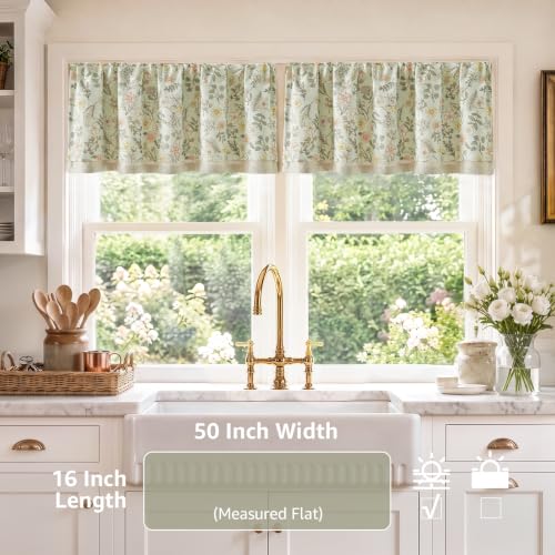 jinchan Maia Floral Linen Double Layer Valance 16 Inch 1 Panel Green - color: Maia Green on Linen, size: 50"W x 16"L (Pack of 1)