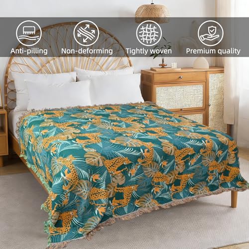 Boho Throw Blanket for Couch Bed, 100% Cotton Soft Rustic Quilt with Tassel 80''x 90'', Super Soft Bohemian Decor Reversible Sofa Bed Chair Blanket Cover for All Seasons(Floral Leopard)