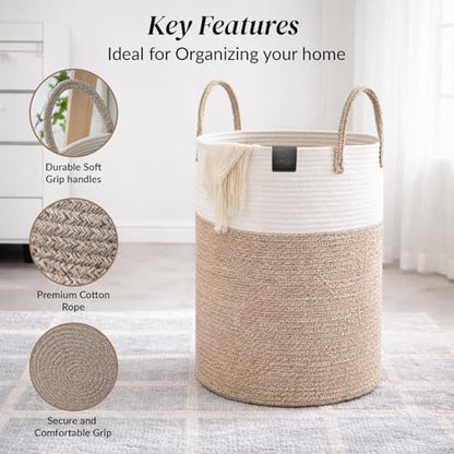Large 58L Laundry Basket, Woven Rope Laundry Hamper with Reinforced Structure, Collapsible Clothes Storage Bin for Bedroom, Bathroom & Nursery, Durable Blanket & Toy Organizer