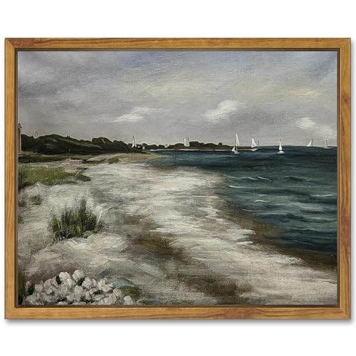 SHENIFY Vintage Landscape Seascape Framed Canvas Wall Art Seaside Coastal Scenery Classic Hallway Kitchen Office Decor - 8x10in Natural Framed - color: Blue Coastal, size: 10"L x 8"W