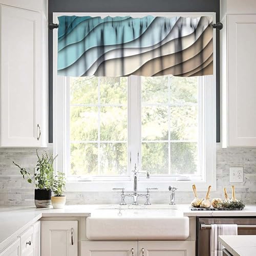 Teal Blue Beige Valance, Modern Geometric Abstract Brown Line Texture Print Blackout Rod Pocket Short Window Valance Curtain for Kitchen Cafe Bedroom Living Room, 54x18inch - color: Marble-25
