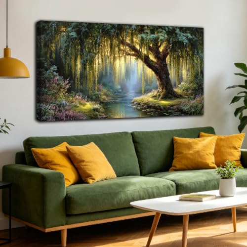 MXUNYZ Green Willow Tree Picture for Living Room Botanical Nature Painting - color: Green, size: 48"L x 24"W