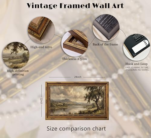 Yuantulan Vintage Oak Tree Mountain River Landscape Framed Wall Art - color: Old Tree Lakeside