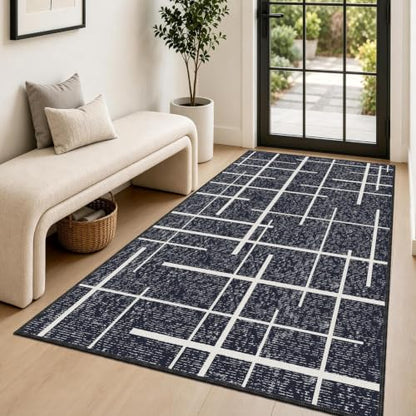 3x5 Washable Rug, Modern Distressed Stripe, Small Area Rug Non Slip, Woven Thin No Shed Office Chair Friendly Runners for Entryway, Kitchen, Home Office, Studio - Midnight Black - color: Striped-black/White, size: 3' x 5' (Rectangular)