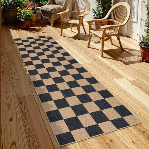 Lahome Checkered Easy Jute Kitchen Runner Rug, 2x8 Outdoor Rugs Washable - color: Black/Checkerboard -1, size: 2'6" x 8' (Runner)