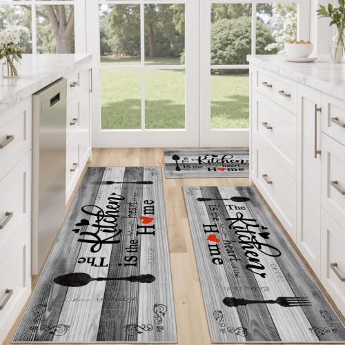 Non Slip Kitchen Mats for Floor Washable Kitchen Rugs 3 Piece, Neutral Grey - color: Heart-neutral Grey, size: 20"x32"+20"x48"+20"x59"