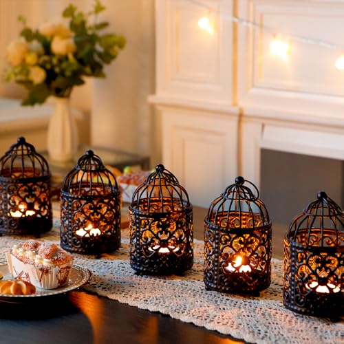 JHY DESIGN 6 Pcs 5.5 inch Height Small Metal Candle Stick Holder Hanging Birdcage Tealight Lantern Hollow Candle Holders for Table Valentine Patio Indoor Outdoor Gifts(Black)