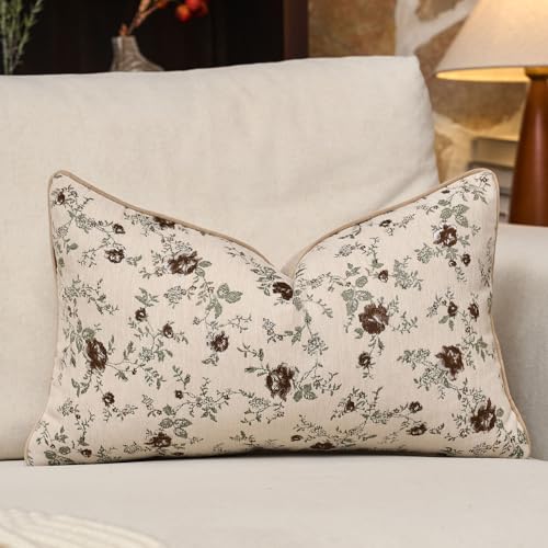 Spring Flower Lumbar Throw Pillow Cover 12x20 Inch Beige Vintage Floral Pillow Cover Farmhouse Cushion Cover Leaf Retro Chenille Pillowcase Home Decor for Sofa Living Room Couch - color: Beige, size: 20" x 12" (Pack of 1)