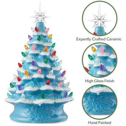 Casafield Hand Painted Ceramic Christmas Tree, Blue Snow Flocked 15-Inch Pre-Lit Tree with 128 Multi Color Lights and 2 Star Toppers - color: Blue Snow Flocked