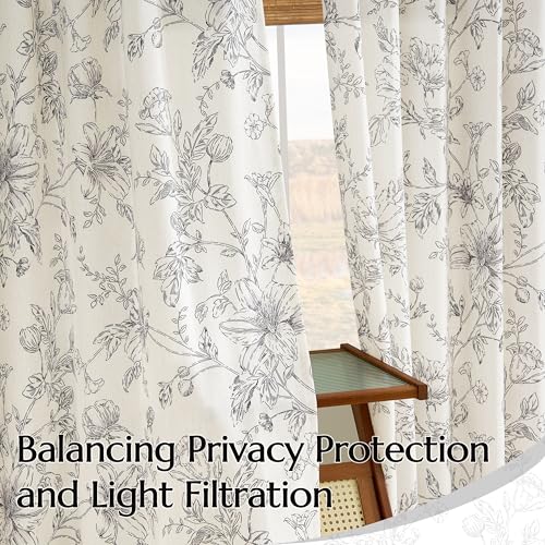 Rustic Boho Black Floral Pinch Pleat Linen Kitchen Curtains 36 Inch Length - color: Black, size: 40"W x 36"L (Pack of 2)