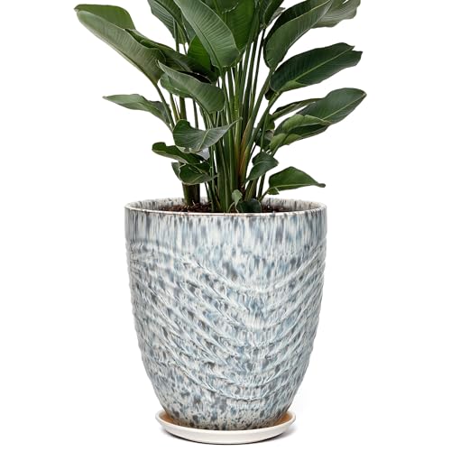 9.5 Inch Modern Ceramic Plant Pot with Saucer, Flower Pot with Drainage Hole Mesh Net,Indoor Outdoor Planter (Spotted Blue) - color: Spotted Blue, size: 9.5 Inch