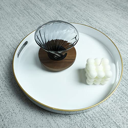 Spsyrine Round White Decorative Tray, 13" Plastic Serving Table Tray with Handles for Ottoman, Coffee Table, Bathroom, Kitchen, Living Room - color: Pure White