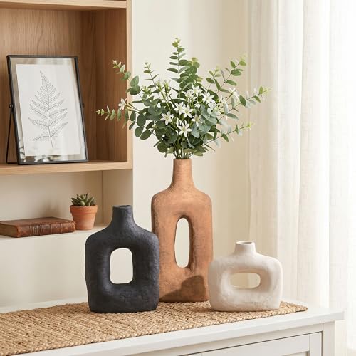 DREAMLOOM Ceramic Vase Set of 3, Black, Rust - color: Rust Red Combo - Hollow Design