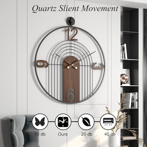 Modern Large Walnut Dial Wall Clock, Wood Metal Frame Silent Non Ticking Wall Clocks Decoration for Living Room, Bedroom, Kitchen, Study, Handmade Home Decor Present Idea, 29.5 Inch - size: 3.XX-L(29.5 in)
