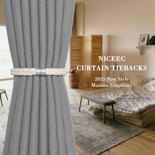NICEEC 2 Pack Natural Cotton Rope Curtain Tiebacks Elegant Boho Style Magnetic Drape Tie Backs Soft Hand-Woven Rope Curtain Holdbacks for Home & Office Drapery (Cotton rope-03) - color: Cotton Rope-03, size: 2 Pack