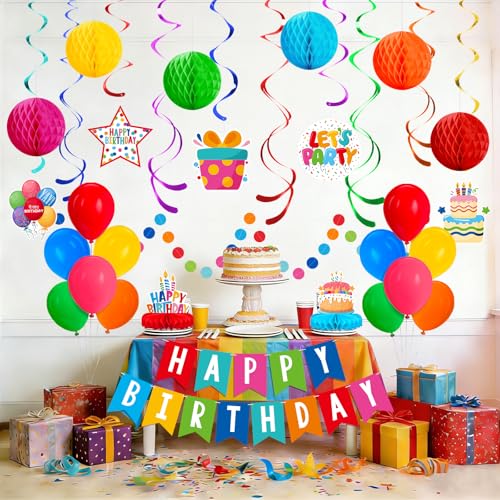 Happy Birthday Decorations Kit: Happy Birthday Banner,Birthday Circle Confetti Garland, Swirl Streamers, Honeycomb Balls, Birthday Balloons and Honeycomb Centerpiece for Kids' Birthday Party Supplies - style: BIRTHDAY