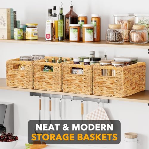 SpaceAid 4 Pack Wicker Basket, Storage Baskets for Organizing, Woven Rattan Basket with Handles for Shelves, Water Hyacinth Large Cube Organizer Storage Bin, 13x8.2x7 inch, Natural - size: 4-Pack, 13x8.2x7in