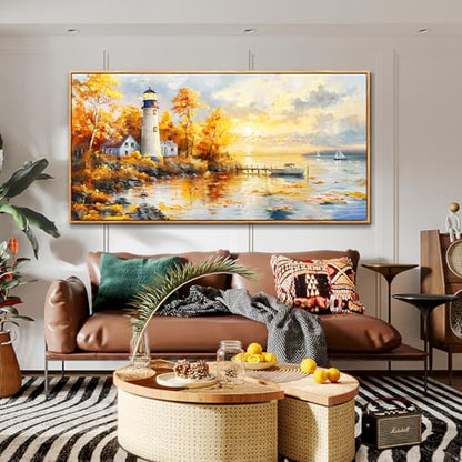 Ocean Beach Canvas Wall Art for Bedroom Lighthouse Seascape Painting 30x60 - color: Lighthouse Painting Wood Framed, size: 60"L x 30"W