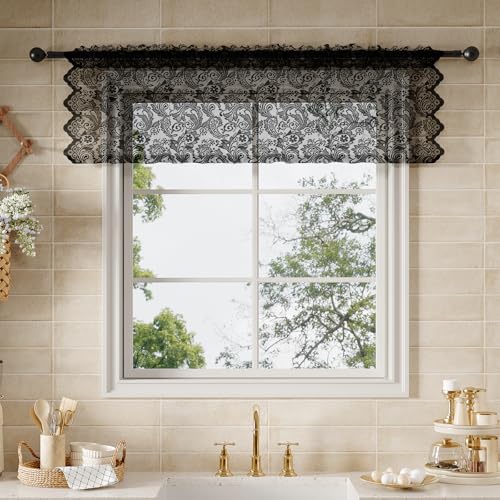 Rinwoc Black Lace Semi-Sheer Valance Curtains – Vintage Floral Lace for Bedroom, Privacy Light Filtering Rod Pocket Window Drapes, Elegant Scalloped Valances Tier, 2 Panels 52W x 18L Inch - color: Black Plume, size: 52"W x 18"L (Pack of 2)