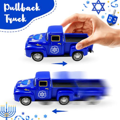 Hanukkah Truck Decor with 3 Wooden Dreidels and Gold Gelt Coins, 5.7-Inch - color: Hanukkah Blue