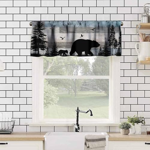 Rustic Bear Valance, Retro Woodland Wild Animals Farmhouse Country Wooden Board Pine Forest Bear Bird Print Rod Pocket Short Window Treatment for Kitchen Bedroom Bathroom, 54x18inch - color: Deer-6