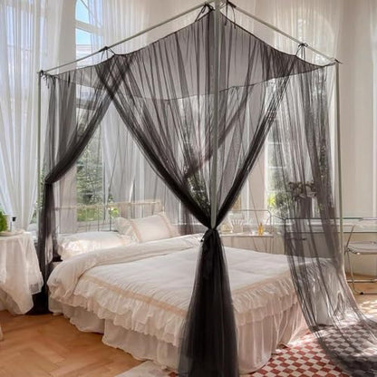 Black Mosquito Net Bed Canopy Curtains with 66ft LED Star String Lights - color: Black+lights