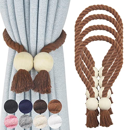 4 Pack Magnetic Curtain Tiebacks Cotton Hand Woven Tie Back Decorative Rope Holdbacks for Curtains Draperies No Tools Required, Khaki - color: Khaki