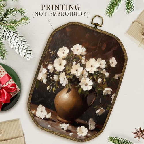 nvucamd Vintage Floral Wall Art Decor Framed, Rustic White Flower Vase Octagon Canvas Prints Wall Art, Antique Botanical Floral Hanging Decor for Farmhouse Home Bathroom Living Room, 10.2x7 Inches - color: floral vase, size: 10.2"L x 7"W