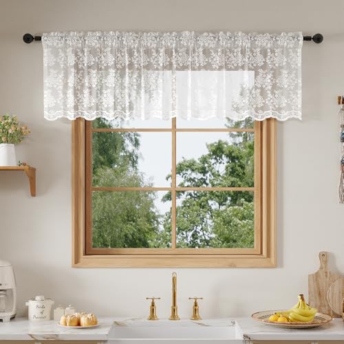 Rinwoc White Lace Semi-Sheer Boho Valance Curtains – Vintage Floral Lace Tiers for Living Room, Privacy Light Filtering Rod Pocket Window Valances, Elegant Scalloped Valances 1 Panel, 52W x 18L Inch - color: White Plum, size: 52"W x 18"L (Pack of 2)