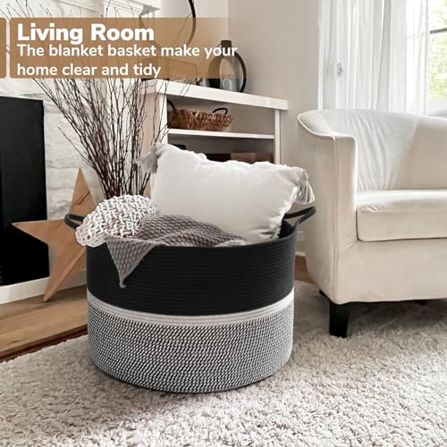 CHICVITA Extra Large Woven Rope Blanket Basket with Handles, Black - color: Black and Gray