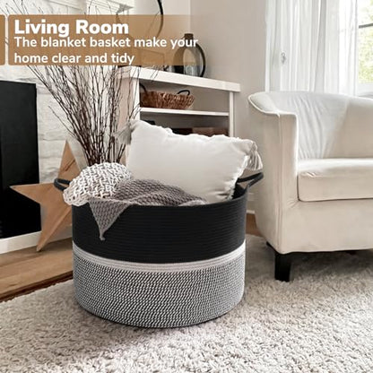 CHICVITA Extra Large Woven Rope Blanket Basket with Handles, Black - color: Black and Gray