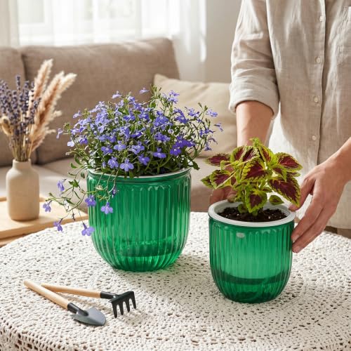 Pumtus 4 Pack Self Watering Hanging Planters, 6.5'' & 4.5'' Plastic Indoor Outdoor Flower Pot, Round Basket with Drainage Hole & Detachable Chain, Succulent Plant Container for Patio Garden Home Decor
