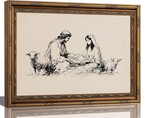 Vintage Gold Framed-Nativity Scene Canvas Wall Art,Rustic Sketch Style Christmas Christian Painting,Minimalist Jesus Birth Picture Wall Decor for Living Room Church Religious 12x16in - color: Nativity, size: 16"L x 12"W