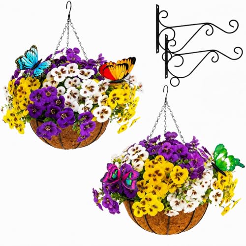 2 Sets Artificial Hanging Baskets with Pansy Flowers , 24 Pcs Faux Silk Pansy，wall hook for plant hanger bracket，Outdoor Hanging Flower for Porch Patio Garden Home (2, White,Yellow,lavender) - color: White,yellow,lavender
