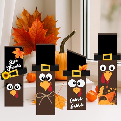 4PCS Thanksgiving Turkey Decorations Wooden Turkey Table Sign Thanksgiving Centerpiece Block Fall Tiered Tray Tabletop Decor for Office, Dining Room Harvest - color: Turkey