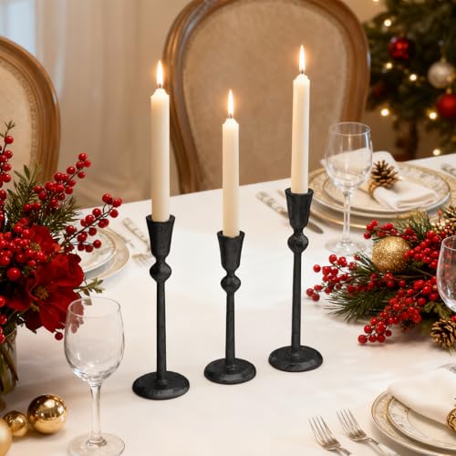 Set of 3 Antique Black Taper Candle Holders Cast Iron Candlestick Holder - color: Bkzt05-3a