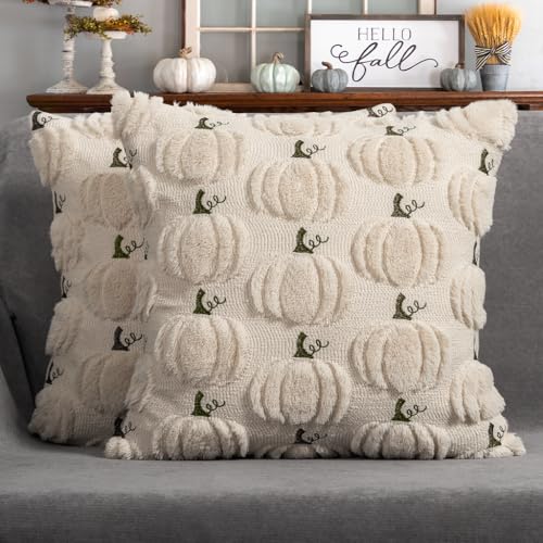 Fall Pumpkin Pillow Covers 16x16 Set of 2 Beige Fall Farmhouse Decor - color: Beige Pumpkin, size: 16" x 16" (Pack of 2)