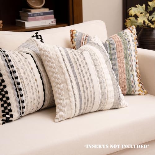 Boho Chenille Tufted Throw Pillow Covers 18x18 Inch Set of 2 Farmhouse Grey Woven Striped Decorative Pillowcases for Couch Sofa Bed - color: Grey