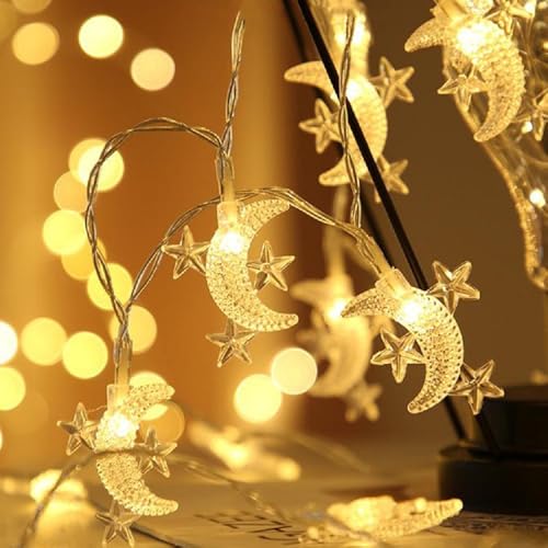 Moon Star String Lights Plug in, 10ft 20 LED Star and Moon Fairy Lights Warm White for Birthday Party Christmas Holiday Home Decoration