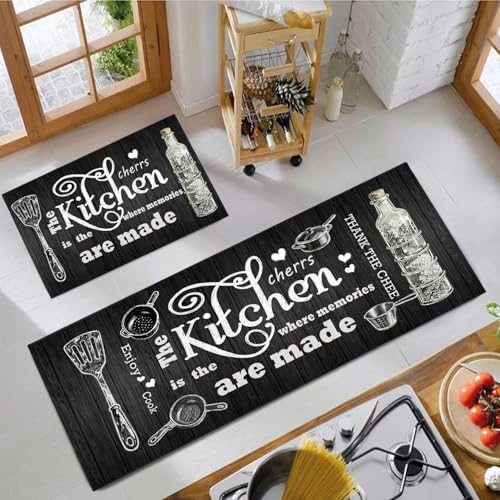 Farmhouse Kitchen Rug 2 Piece Set, Black and White Rustic Vintage Style Theme Decor Kitchen Rugs, Absorbent Washable Non-Slip Floor Mats, Home Indoor Runner Carpet 17x30+17x47 Inches - color: Farmhouse Black B